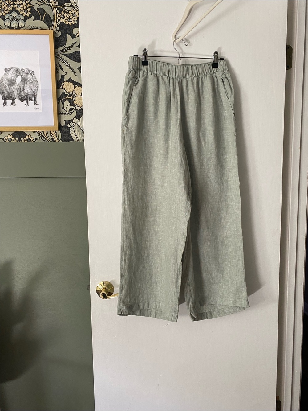 Cynthia Rowley Light Sage Elastic-Waist Linen Chinos